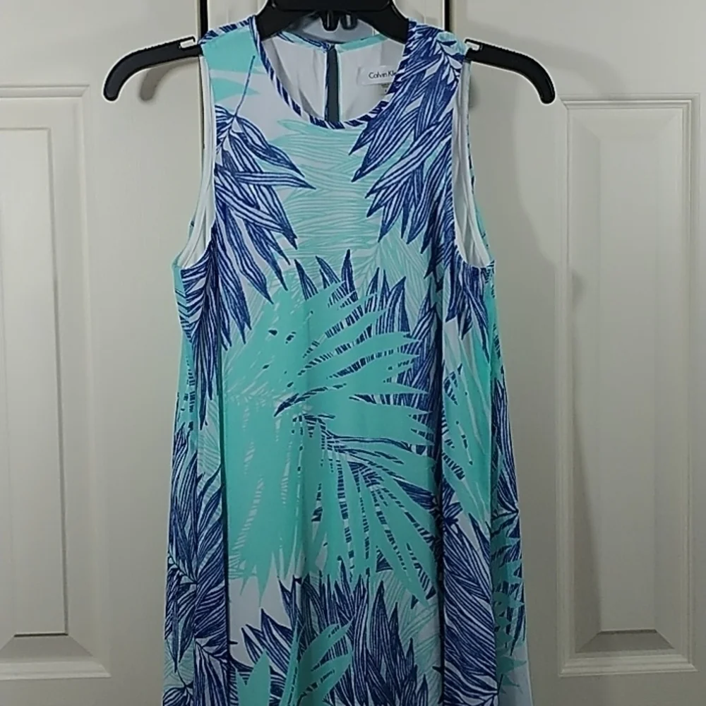 Calvin Klein Sleeveless Trapeze Dress Blue Palm Print Sz 4 - Picture 1 of 15